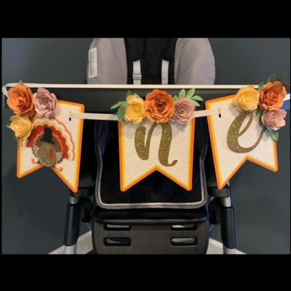 Thanksgiving Turkey 1 One Year Birthday Highchair sign and Birthday Banner